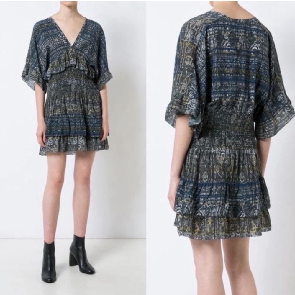 IRO Tulsa Printed Silk Tiered Mini Dress Snake Print Smocked Ruffle
